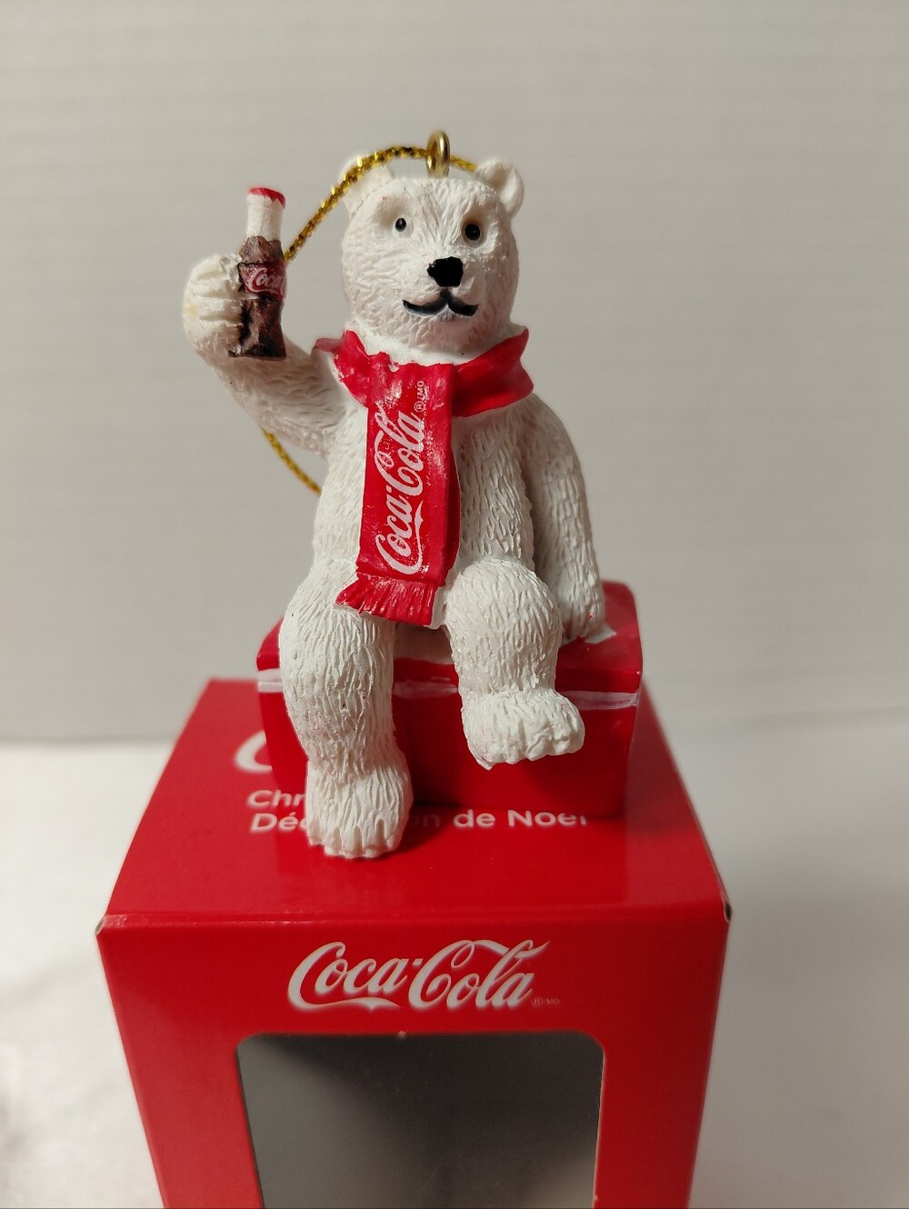 Coca-Cola White Polar Bear Ornament with Red Scarf and Coca Cola Bottle
